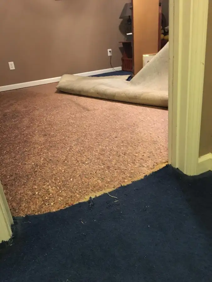 Carpet pad removal revealing water damage during Water Mitigation Services in South Union